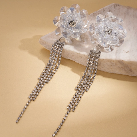 Pendientes De Borla De Flor Elegantes Aleación Cristal Diamante Imitación Flecos Largos Joyería Con Poste De Plata Para Mujer
