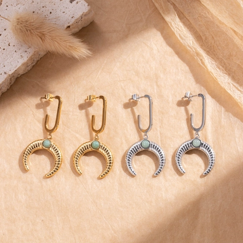 High-End Stainless Steel Crescent Horn Drop Earrings For Women Personalized Inlaid Zirconia Moon Pendant Jewelry Fashion Gift