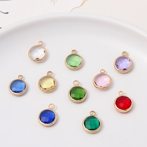 Round Birthstone Charms Gold Plated Copper Framed Faceted Glass Crystal Pendants For DIY Jewelry Making Crafting