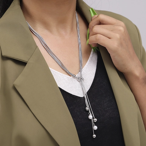 Collar De Múltiples Hilos De Acero Inoxidable Con Diseño De Nudo Y Colgantes De Borla De Perlas Artificiales De Imitación Joyería Para Mujeres