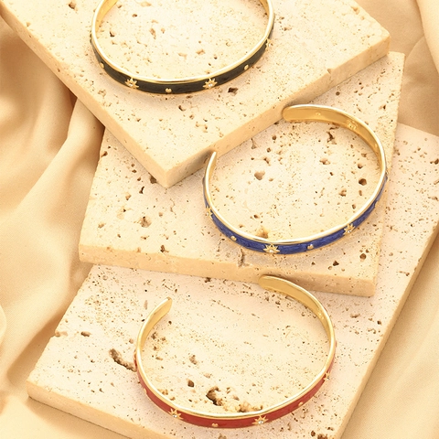 Enamel Cuff Bracelet Stainless Steel Gold Plated Star Pattern Vintage Bohemian Elegant Accessory For Women