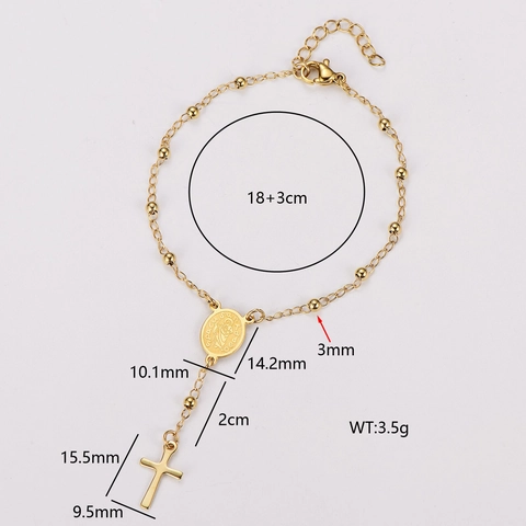 Rosary Cross Pendant Bracelet 304 Stainless Steel Round Saint Medal Beaded Chain Religious Minimalist Jewelry Accessory