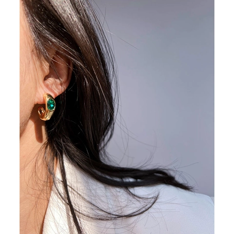 Vintage Brass Gold Plated C Shaped Hoop Earrings With Emerald Red Zirconia Retro Luxury Jewelry 925 Sterling Silver Post