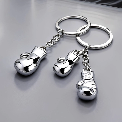 Boxing Glove Keychain Zinc Alloy Mini Fighting Gloves Sports Fitness Pendant Mirror Polished Silver Charm Gym Club Gift