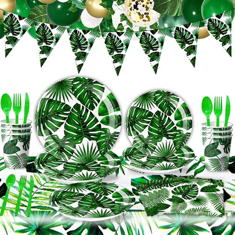 Vajilla Para Fiesta De Hojas De Palma Tropicales Desechable Platos De Papel Vasos Servilletas Mantel Cubiertos Banner Luau