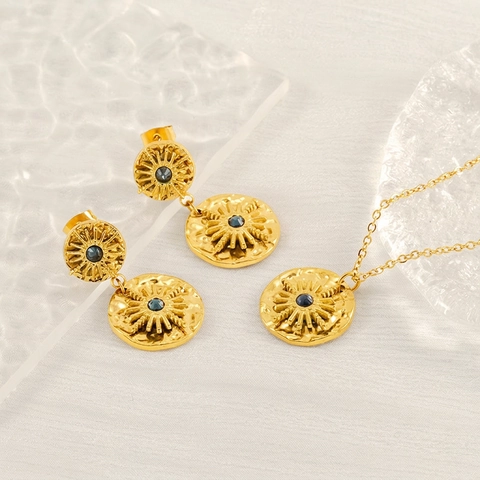 18K Gold Plated Stainless Steel Jewelry With Necklace And Earrings Blue Rhinestone Hammered Star Sunburst Vintage Bohemian Women