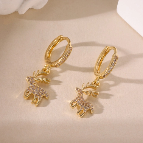 Orecchini Pendenti a Forma di Alce Calza Guanto di Natale in Rame Placcato Oro 14K con Zirconia Intarsiata Gioielli per Feste