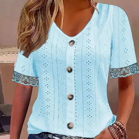 Camiseta De Mujer Con Cuello En V Manga Corta Bordado Inglés Jacquard Botón Elegante Encaje Patchwork Top Casual De Verano