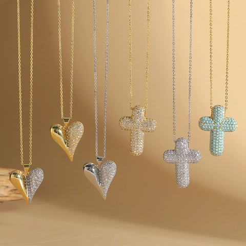 Collana Con Ciondolo In Rame Zircone Cuore Croce Elegante Versatile Gioielli Di Moda Regalo Per Donne
