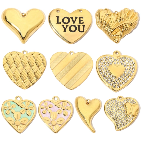 Stainless Steel Heart Pendants For DIY Jewelry Making Rhinestone Enamel Flower Vintage Gold Necklace Charms For Women