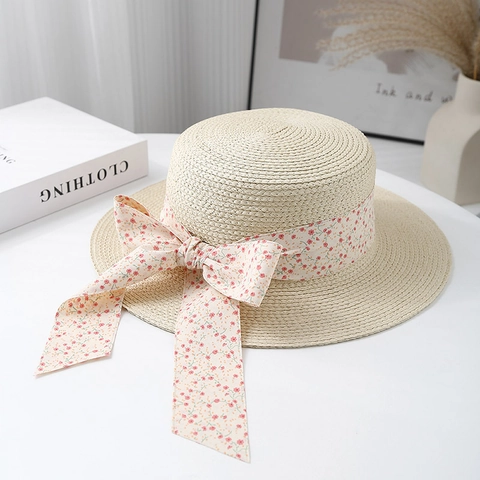 Chapeau De Paille D'été Pour Femmes Bord Plat Protection Solaire Plage Voyage Ruban Floral Nœud Style Coréen Respirant Doux