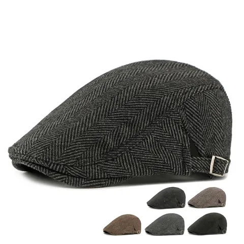 Retro British Herringbone Flat Cap Men Women Cotton Polyester Blend Adjustable Metal Buckle Vintage Ivy Newsboy Hat