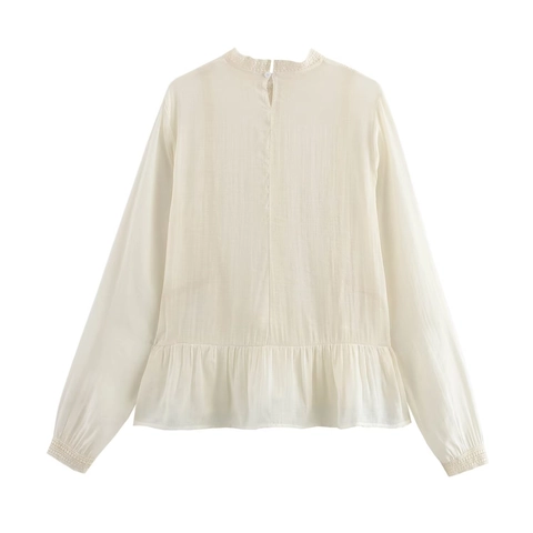 Women Chiffon Blouse Elegant Lace Patchwork Long Sleeve Stand Collar Ruffle Hem Romantic Mori Style Top Cream Off White