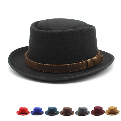 Chapeau Pork Pie Vintage Feutre De Laine Fedora Plat Avec Bande En Cuir Cousue Pour Hommes Femmes Style Britannique Hiver