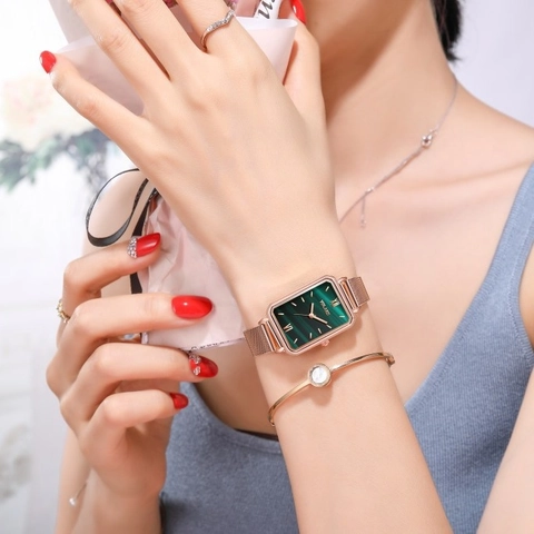 Dames Kwartshorloge Rechthoekige Roségouden Kast Roestvrij Staal Mesh Band Romeinse Cijfers Elegant Retro Minimalistisch