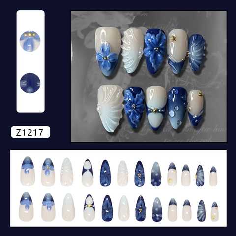 Press On Nägel 3D Blaue Lilie Blume Künstliche Perle Metall Stern Elegant Vintage Gradient Mandelform Abnehmbare Maniküre