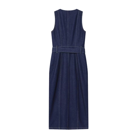 Vestito Lungo In Denim Senza Maniche Per Donna Blu Scuro Bottoni Dorati Vestibilità Aderente Casual Elegante Con Cintura