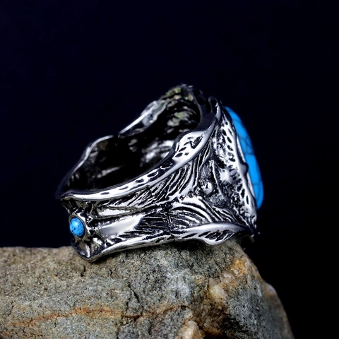 Bague Vintage Homme Alliage Turquoise Relief Aigle Punk Hip Hop Style Ethnique Bijoux Cadeau Pour Petit Ami