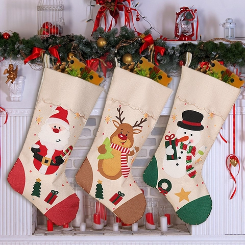 Calze Di Natale Grande Borsa Regalo Tessuto Stile Lino Con Applique Babbo Natale Pupazzo Di Neve Renna Decorazione Camino