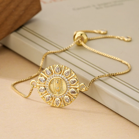 Religious Virgin Mary Medal Adjustable Bolo Bracelet Copper Gold Plated Micro Paved Zircon Box Chain Jewelry For Women