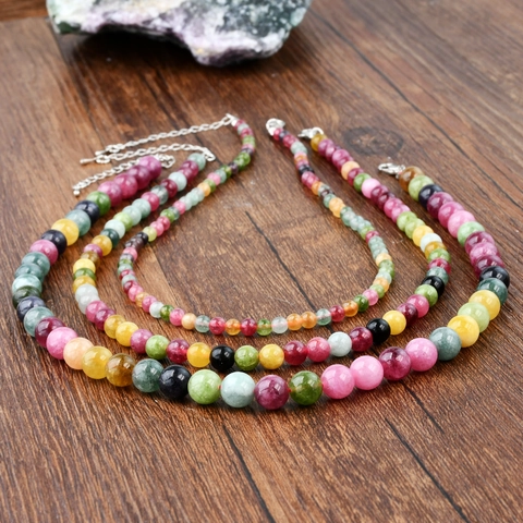 Vintage Bunte Tourmalin Perlenkette Für Damen Elegante Naturstein Mehrfarbige Runde Perlen Halskette Modeschmuck