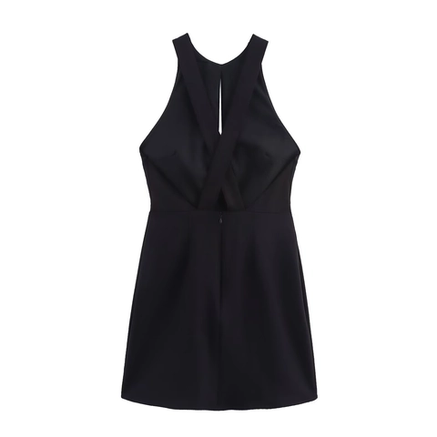 Mini Vestido Halter Con Herrajes De Metal Dorado Abertura Sin Mangas Elegante Color Sólido Tejido Para Mujer