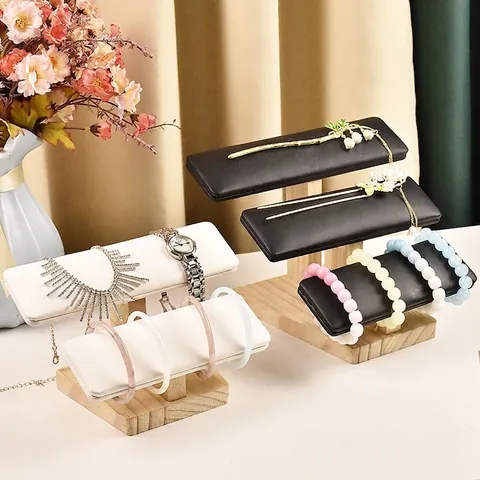 Solid Wood Jewelry Display Stand Velvet Pu Leather T-Bar Organizer For Watches Bracelets Necklaces Hair Jewelry Storage
