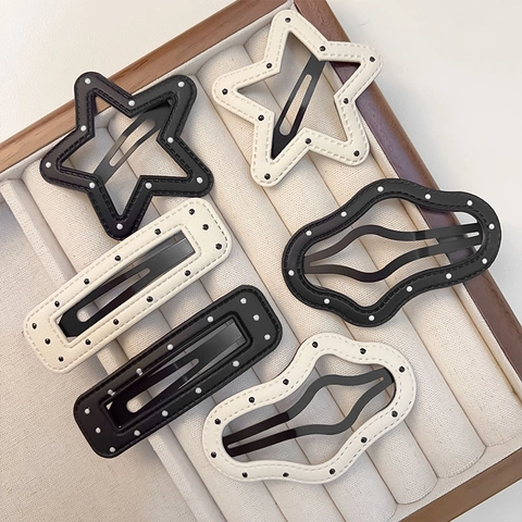 PU Leather Hair Clips Polka Dot Star Cloud Geometric BB Clips Bangs Side Pins Contrast Color Chic Headwear For Women