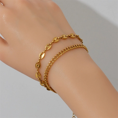 Titanium Steel Double Layer Bracelet For Women Gold Plated Coffee Bean And Cuban Link Punk Hip Hop Minimalist Fashion Jewelry