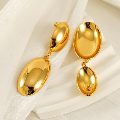 Double Oval Dangle Earrings 18K Gold Plated Stainless Steel Geometric Minimalist Mirror Polish Retro Drop Jewelry Women