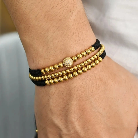 Ensemble De Bracelets À Perles En Laiton Perles Zircone Cubique Pavé Ajustable Corde Tressée Plaqué Or 18K Luxe Pour Hommes