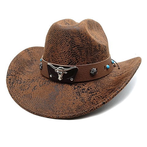 Cappello Da Cowboy Western Per Uomo Donna Feltro Poliestere Tesa Larga Con Fibbia Metallo Testa Di Toro Perle Turchesi