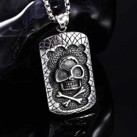 Men Stainless Steel Skull Pendant Necklace Vintage Punk Hip Hop Gothic Square Tag Rock Jewelry Accessory Gift