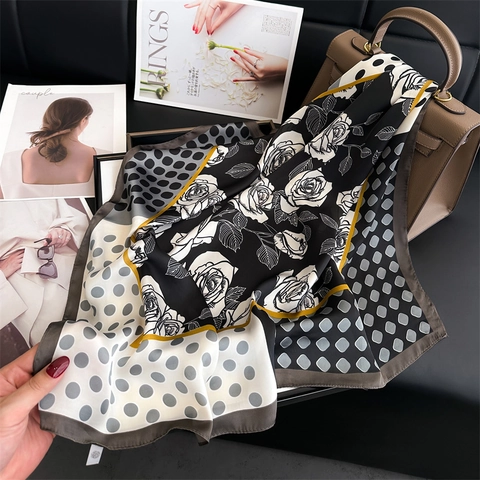Foulard Carré Style Français Avec Imprimé Roses Et Pois Polyester Imitation Satin Écharpe De Cou Pour Femmes