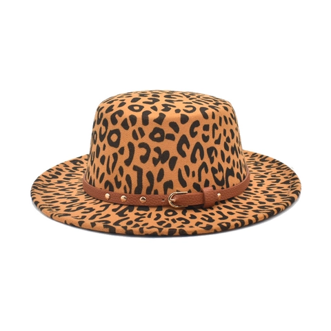 Cappello Fedora Stampa Leopardata Tetto Piatto Feltro Di Lana Tesa Larga Fascia Ecopelle Decorazione Borchie Vintage