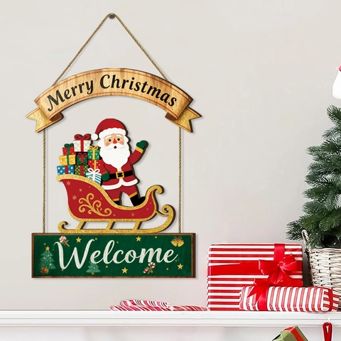 Plaque Suspendue En Bois De Noël Père Noël Traîneau Merry Christmas Welcome Décoration Murale Pour Porte De Maison
