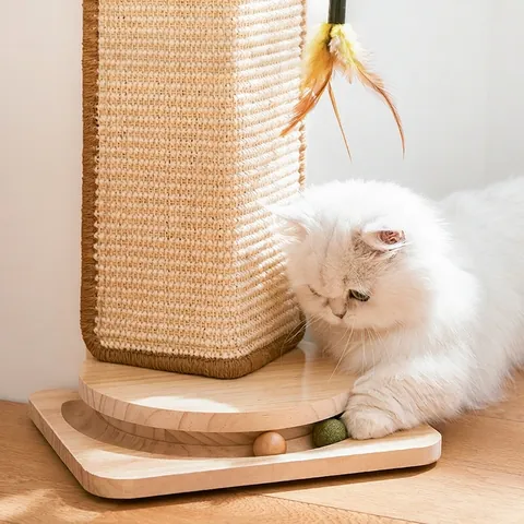 Tiragraffi Verticale Per Gatti Sisal A Forma Di L Protezione Divano Angolo Legno Gioco Interattivo Con Piuma E Palline