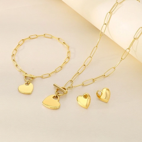 Joyas De Corazón En Acero Inoxidable Chapado En Oro De 18K Collar Pulsera Y Pendientes De Corazón Cierre De T Mujer