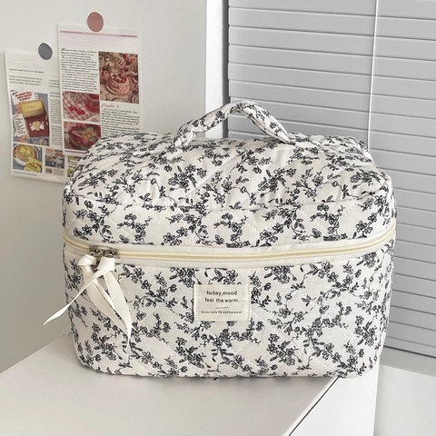 Gesteppte Baumwolle Kosmetiktasche Französisch Schwarz Weiß Floral Große Kapazität Reise Kulturbeutel Tragbare Waschtasche