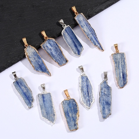 Natürlicher Kyanit Rohstein Anhänger Halskette Unregelmäßiger Blauer Kristall Gold Silber Vergoldet Boho Schmuck Damen