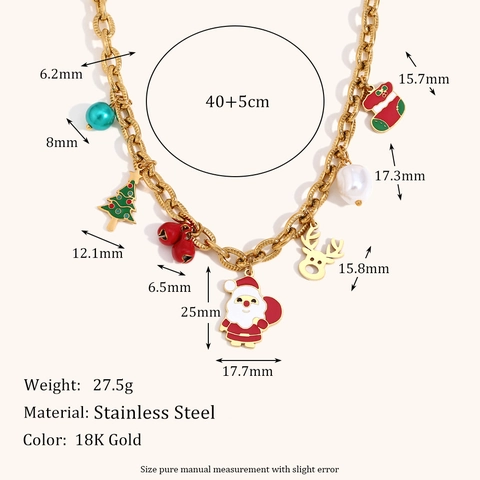 18K Gold Plated Stainless Steel Christmas Necklace For Women Santa Claus Reindeer Bell Enamel Artificial Pearl Pendant Jewelry