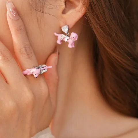 Roze Hond Sieraden Oorbellen En Ring Koper Hart Zirkoon Emaille Schattige Dieren Strik Kunstparelketting Accessoires Vrouwen Meisjes