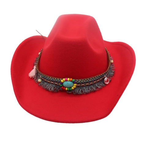Western Cowboy Hat Polyester Felt Ethnic Bead Turquoise Decorative Band Tassel Fringe Bohemian Retro Unisex