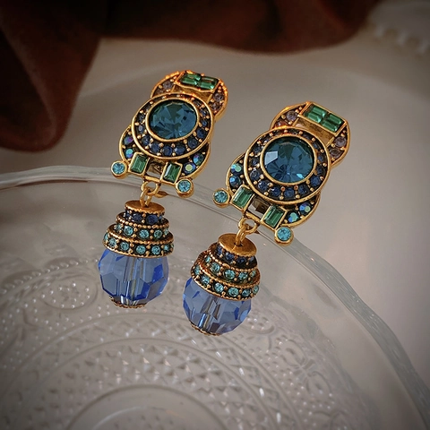 Blue Crystal Waterdrop Clip On Earrings Alloy Faceted Rhinestone Vintage Palace Style French Luxury Jewelry For Women