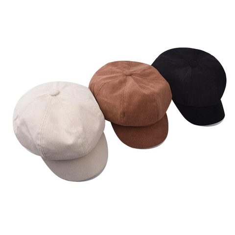 Corduroy Newsboy Cap For Women Solid Color Warm Retro Octagonal Beret Hat Autumn Winter Casual Streetwear Adjustable