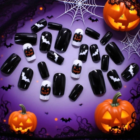Halloween Press On Nails Glossy Long Square Fake Nails With Pumpkin And Bat Designs For Women Black White Orange