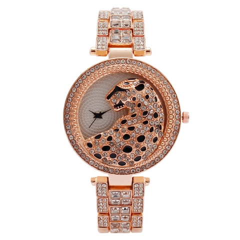 Montre À Quartz De Luxe Pour Femme Avec Tête De Léopard En Strass Bracelet En Métal Rond