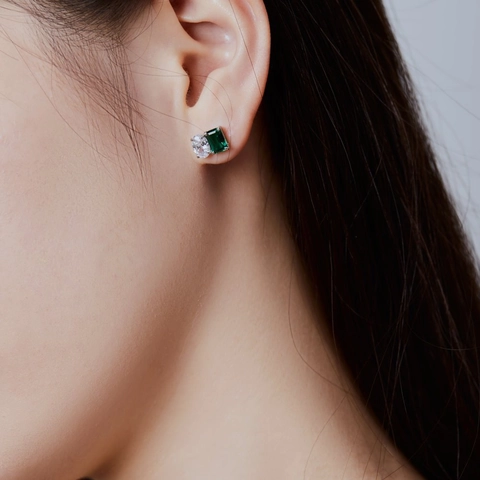 S925 Sterlingsilber Smaragdgrün Zirkonia Ohrstecker Japanisch Koreanisch Geometrische Duale Stein Ohrringe Für Damen Schmuck