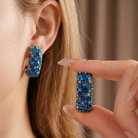 Bohemian Rectangular Stud Earrings With Silver Earring Post Pave Rhinestone Vintage Ethnic Jewelry For Women