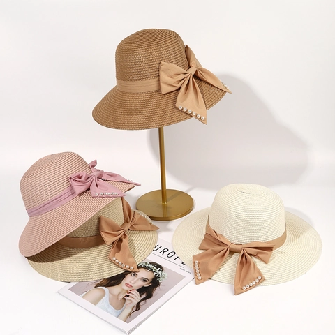Women Straw Hat Wide Brim Sun Protection Beach Summer French Style Elegant Bow Artificial Pearl Decoration Breathable